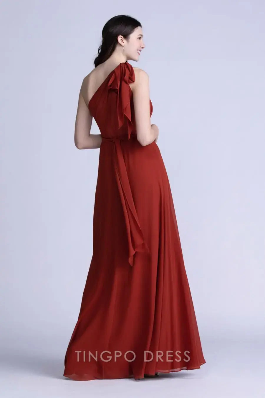 TingPo Wholesale Simple Rust Red One-Shoulder Chiffon Dress - Tie Waist Asymmetric Evening Gown